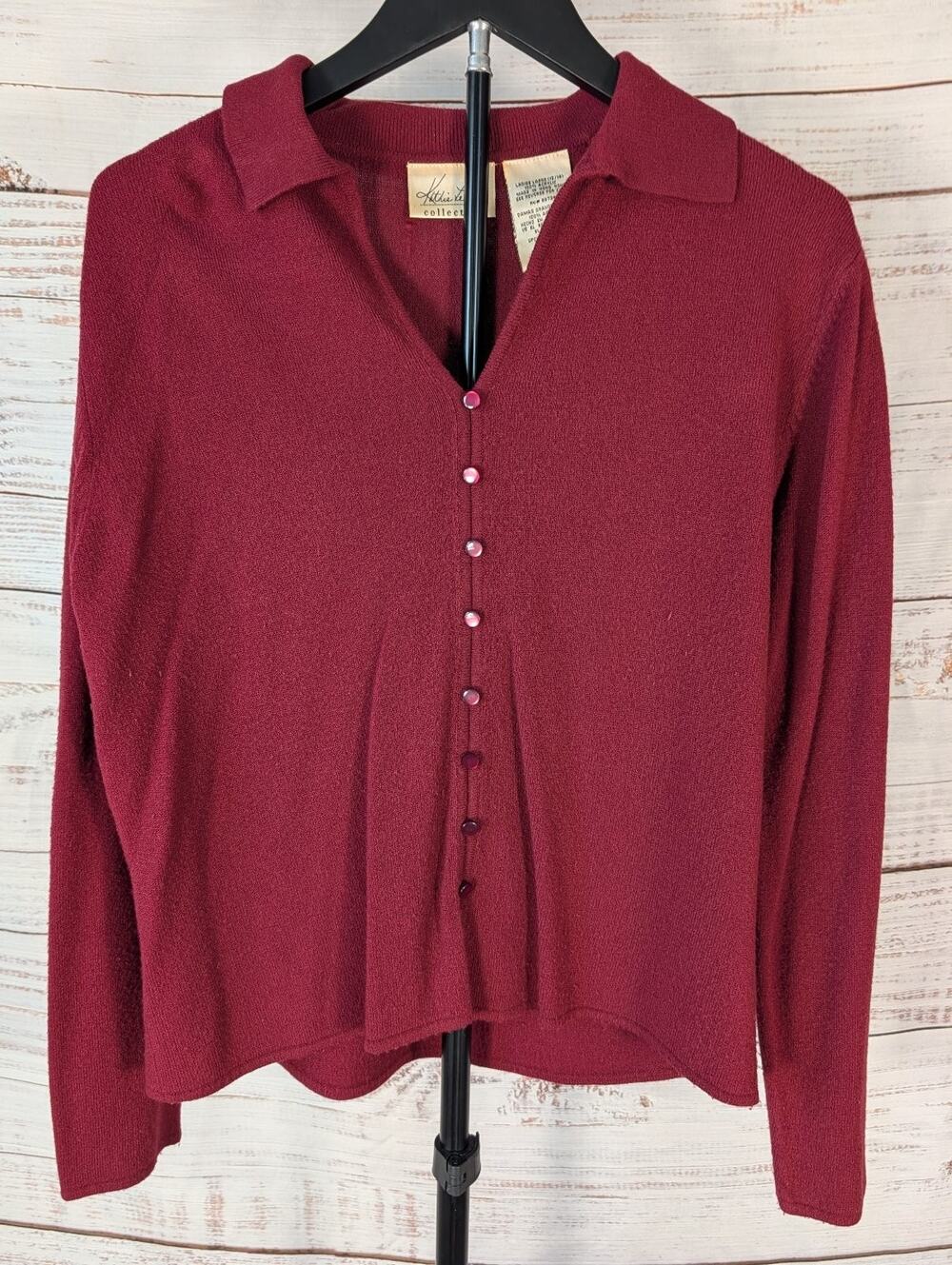Vintage Kathie Lee Knit Top Large Wine Burgundy Collared Button 90s Whimsigoth